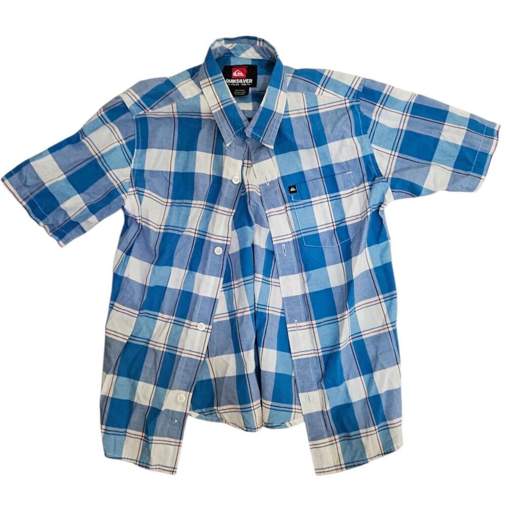 QUIKSILVER Boys Shirt XL 14/16 Blue White Plaid Short Sleeve Button Down Cotton